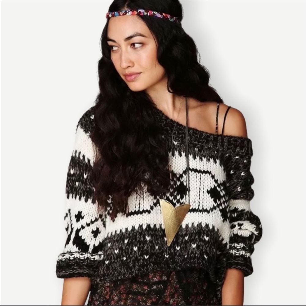 Free People Black & White Off-Shoulder Chunky Knit Sweater